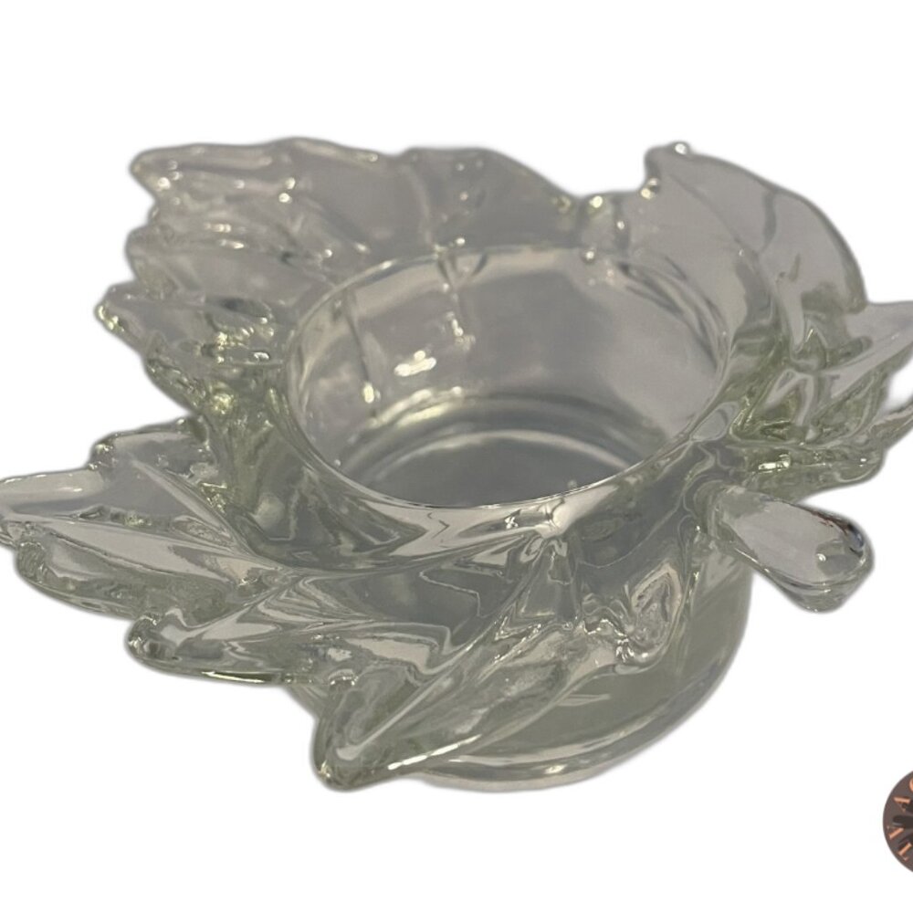 Vintage Clear Glass Fall Leaf Votive or Tea Light Candle Holder
